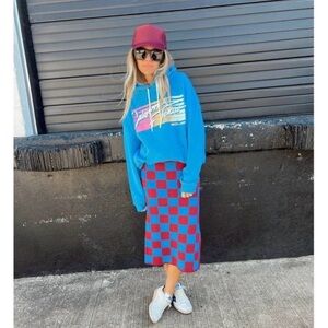 Vibrant Red and Blue Checkered Midi Skirt